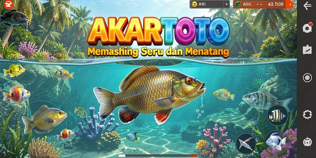 Screenshot gameplay AKARTOTO yang menampilkan aksi memancing yang seru.