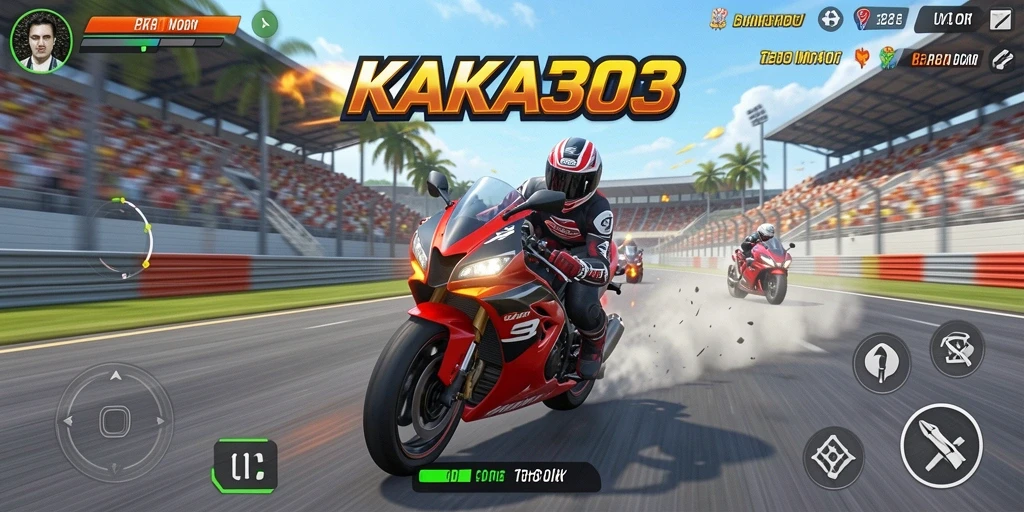 Gameplay KAKA303 yang menarik dengan motor balap melaju cepat.