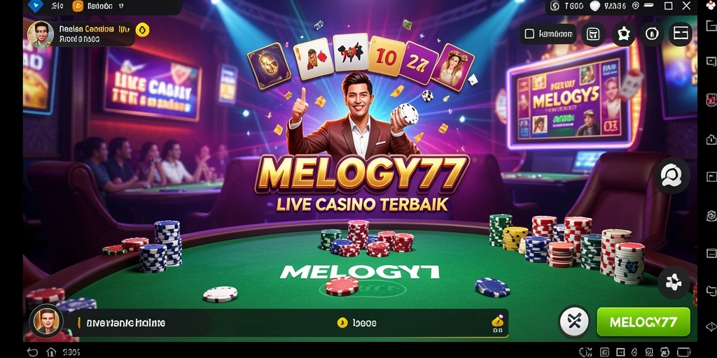 Screenshot gameplay MELODY77 menampilkan dealer profesional dan interaksi pemain.